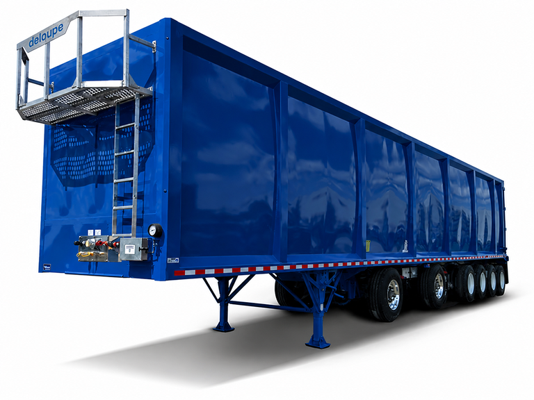 Blue Deloupe open-top walking-floor trailer with a front access ladder