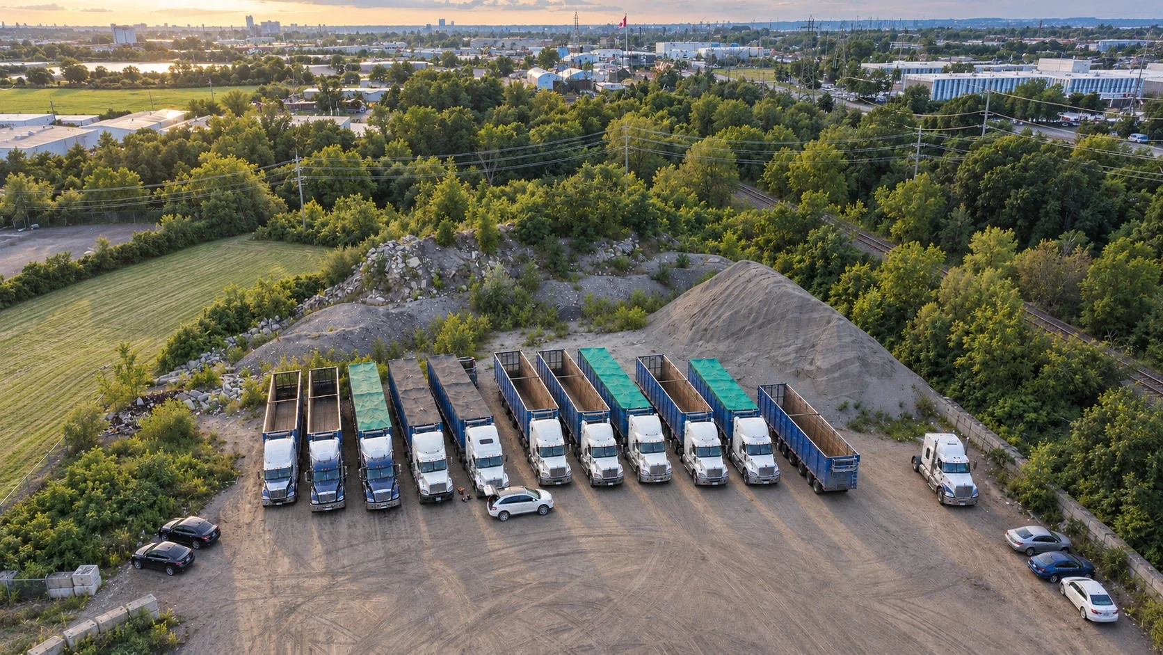 Kamal Transport fleet parked at its terminal, with trees and the city skyline at sunset