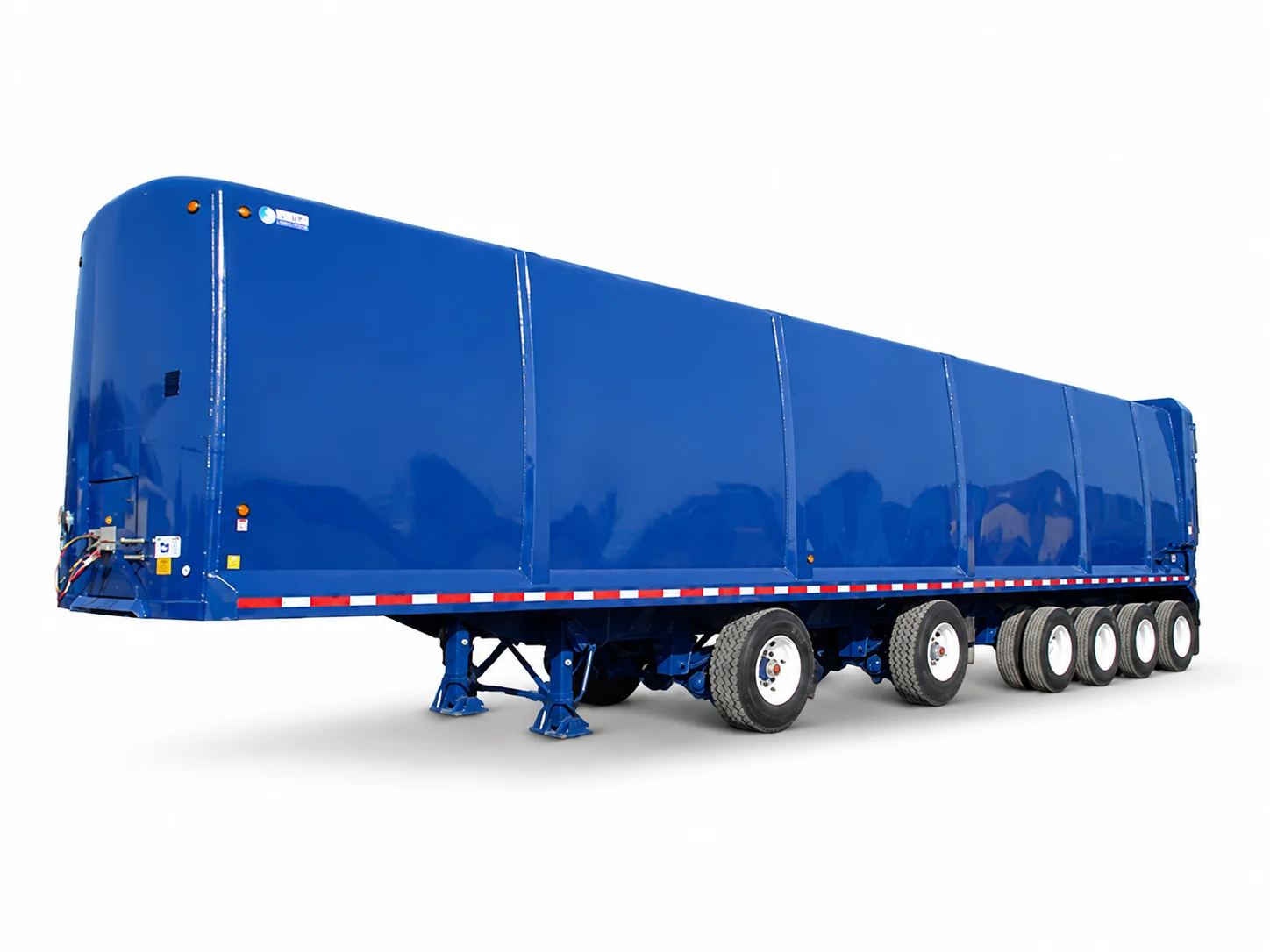 Blue closed-top compaction transfer trailer on a white background